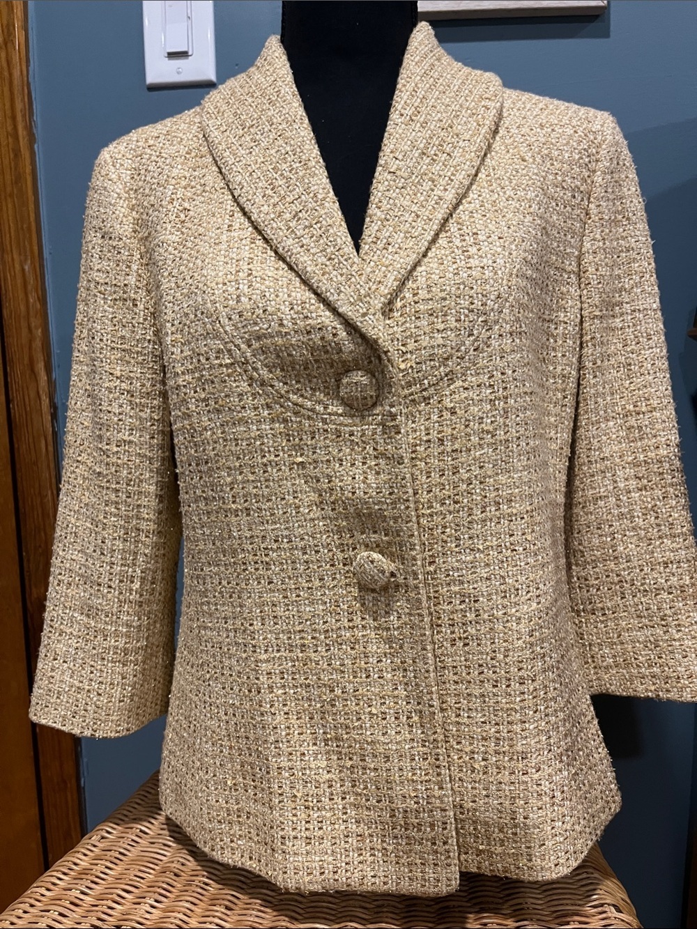 Barneys New York Cream-Beige Tweed Shawl Collar Blazer